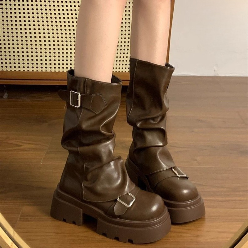 Belt Buckle Blank - Damen Punk Mid-Calf Stiefel Herbstmode Quadratische