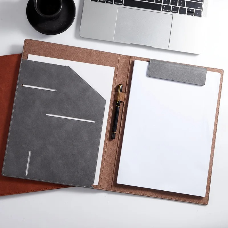 Leather Work Folder - Schwarze A4 Konferenz-Ledermappe Magnetisches Klemmbrett Multifunktionale