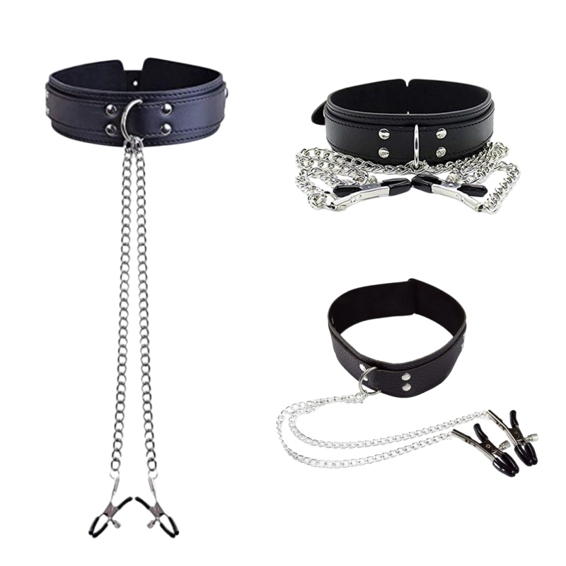 Leatherwork Clamp - Punk-Lederhalsband mit Kette, Nippelklemme, Brustklammer, BDSM,