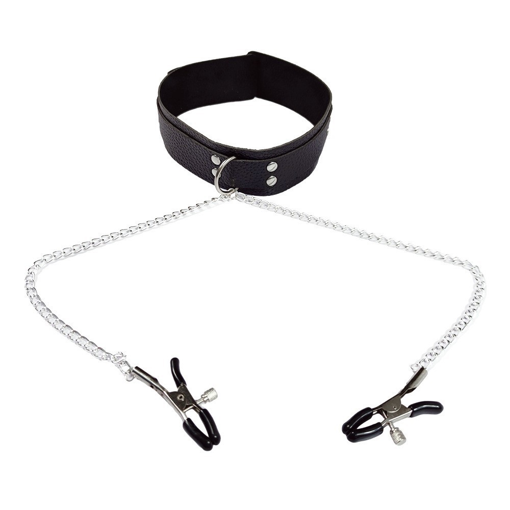 Leatherwork Clamp - Punk-Leder-Halsband für Frauen mit Kette, Nippelklemme,
