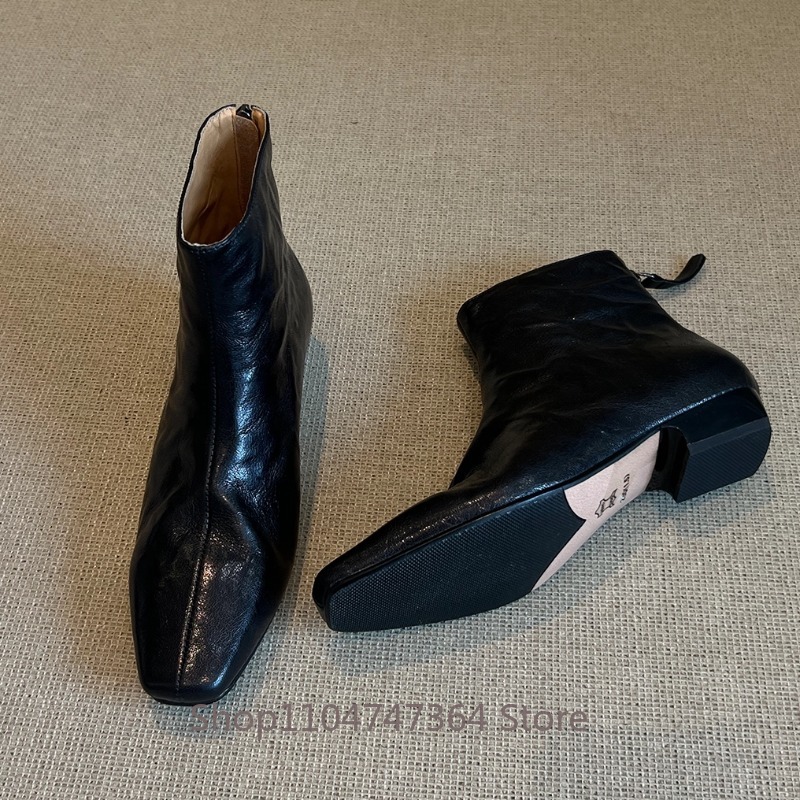 Leatherwork In French - Schafsleder Retro Französische Quadratische Zehenpartie Stiefeletten