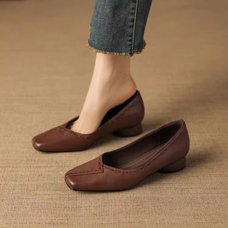 Leather Work Outfit - Elegante Quadratische Spitze Blockabsatz Flache Schuhe