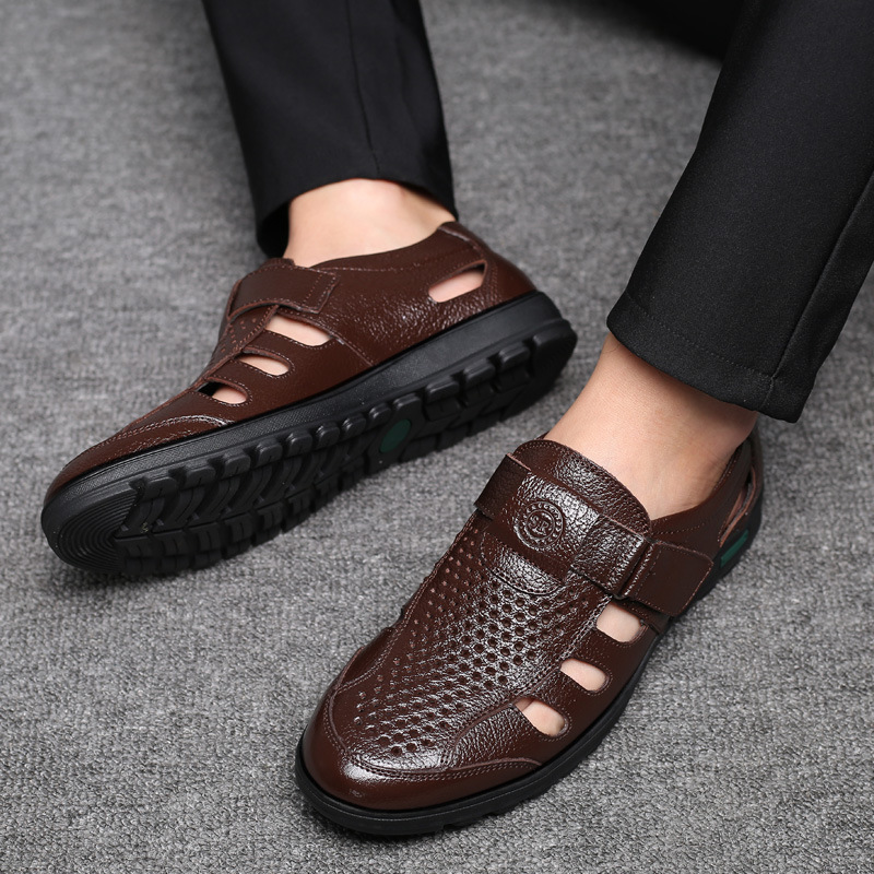 Leather Work Outfit - Herren-Ledersandalen, ausgehöhlt, atmungsaktiv, Sommersandalen, Business-Casual-Arbeitsschuhe für